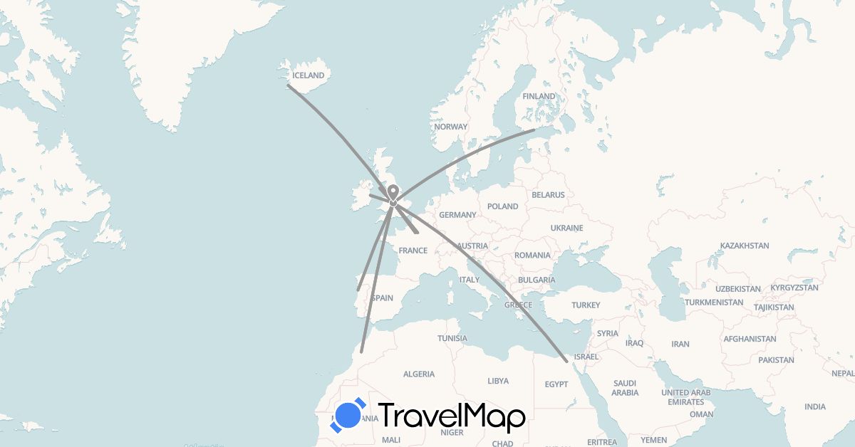 TravelMap itinerary: driving, plane in Egypt, Finland, France, United Kingdom, Ireland, Isle of Man, Iceland, Morocco, Portugal (Africa, Europe)